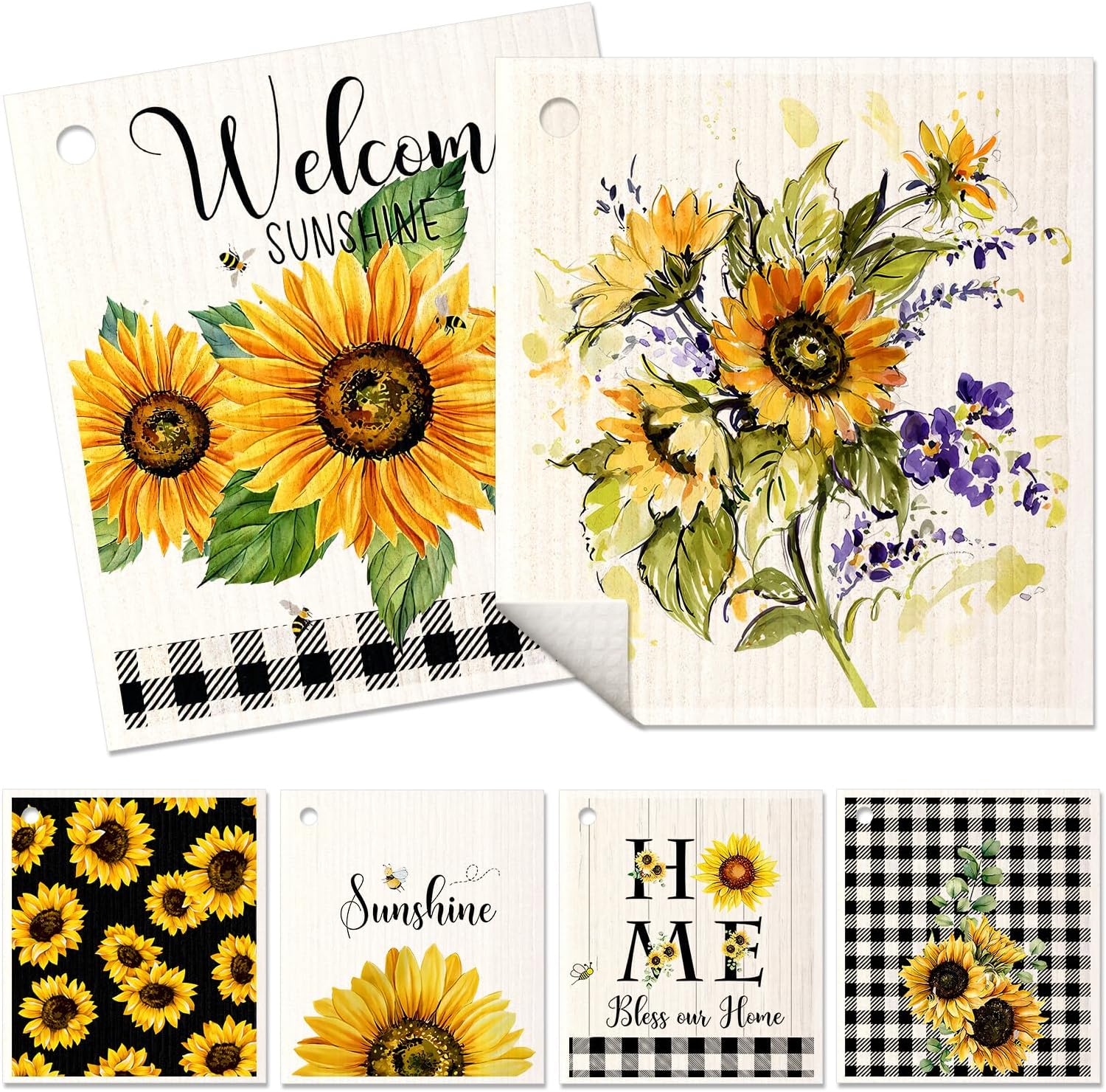 6 Pack Swedish Dishcloths for Kitchen - Reusable Dish Cloths for Washing Dishes Absorbent Cute Funny Kitchen Towels Cleaning Sponge, Sunflower