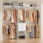 Closet System with Drawer, 5-8FT Closet Organizers and Storage with 5 Adjustable Hanging Rods and Shoe Rack, 96" Walk in Closet Organizers and Storage with Drawers, Heavy Duty, White