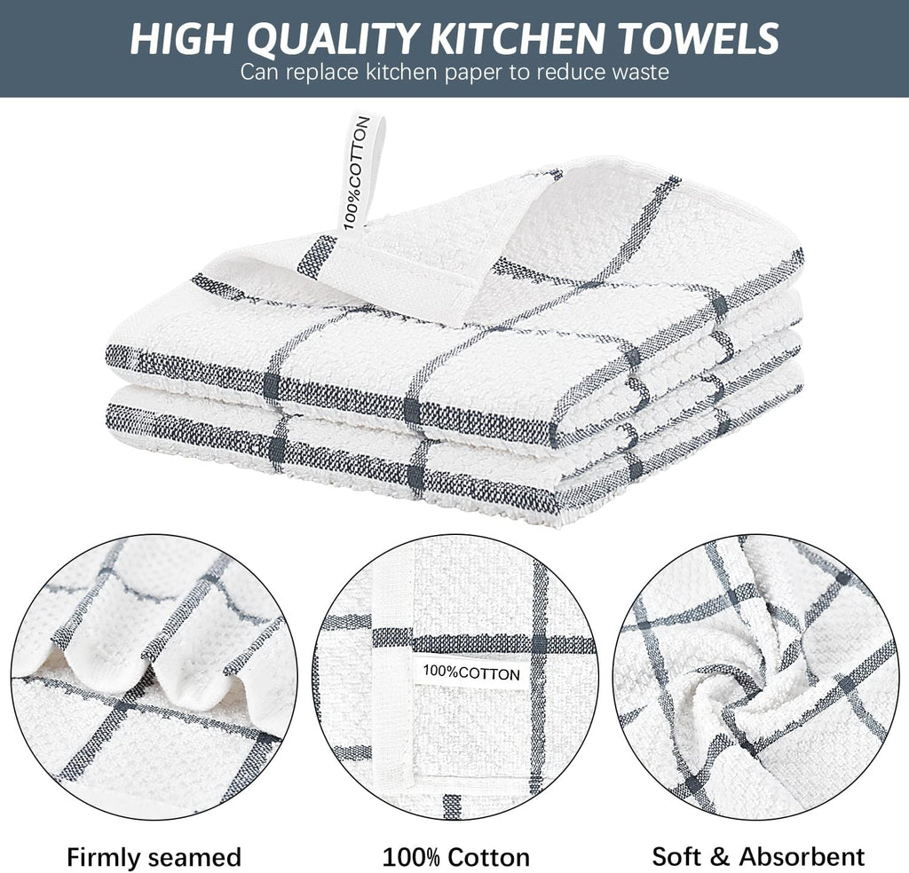 Nialnant Cotton Terry Dish Cloths,8 Pack Dish Rags for Washing Dishes,Super Soft and Absorbent Cleaning Rags - Grey Plaid
