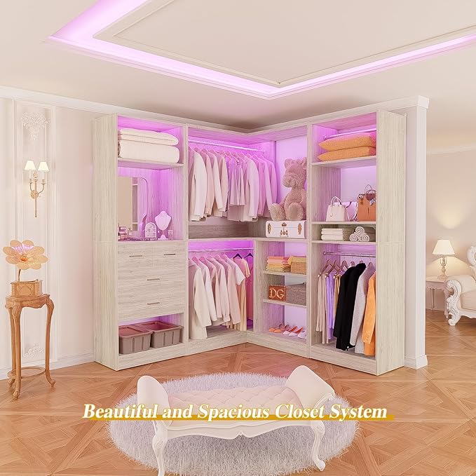 Unikito 86 Inch Closet System, 3 Sets Corner Closets Organizer with Hanging Rods and Mirror Design, Freestanding Adjustable Wood Clothes Garment Rack with Drawers, Sturdy Walk in Closet Kit, White Oak