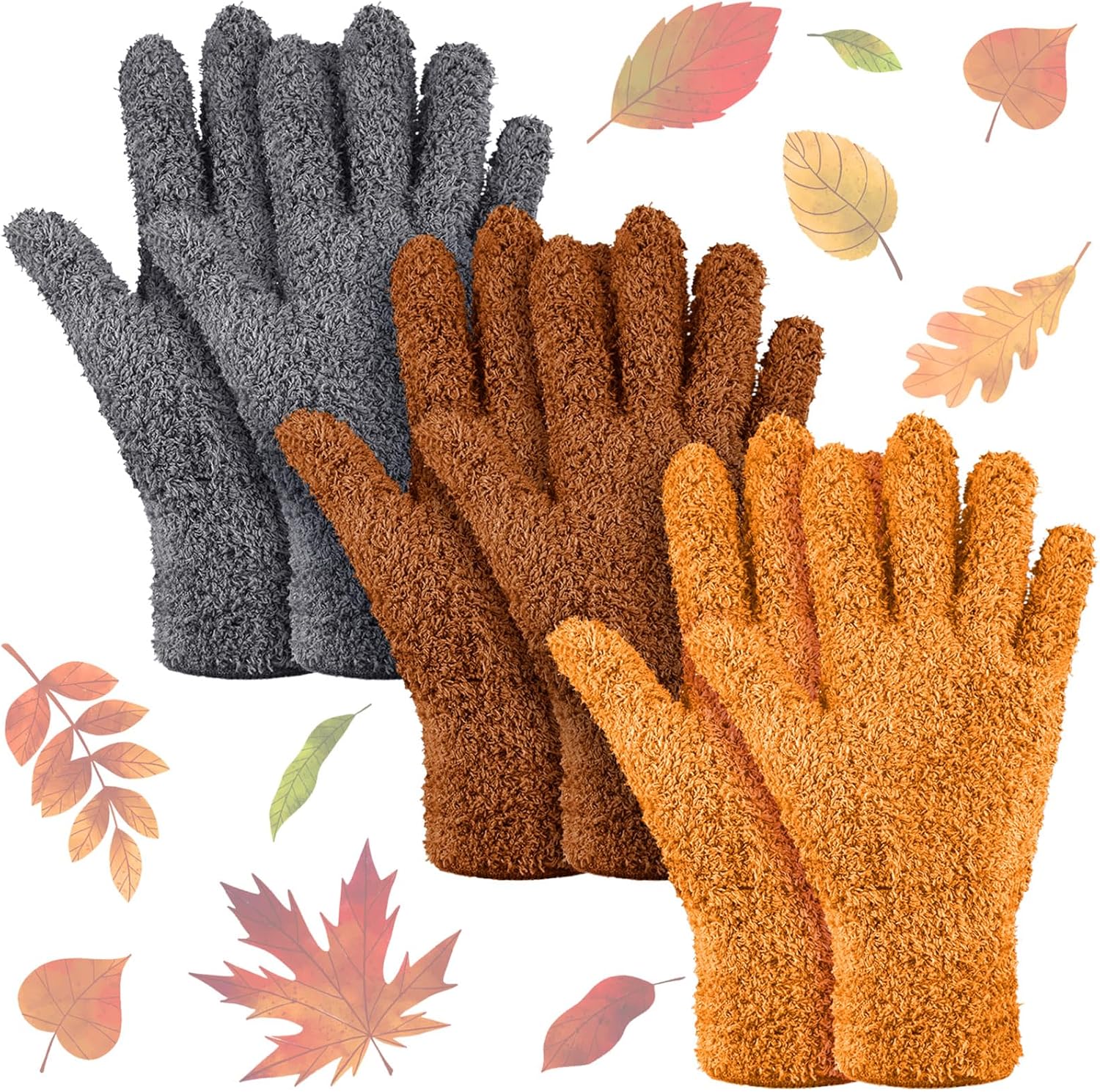 Patelai 3 Pairs Microfiber Plant Dusting Gloves Leaf Cleaning Gloves for Indoor Plants, Blinds, Furniture, House(Medium,Orange, Brown, Dark Gray)