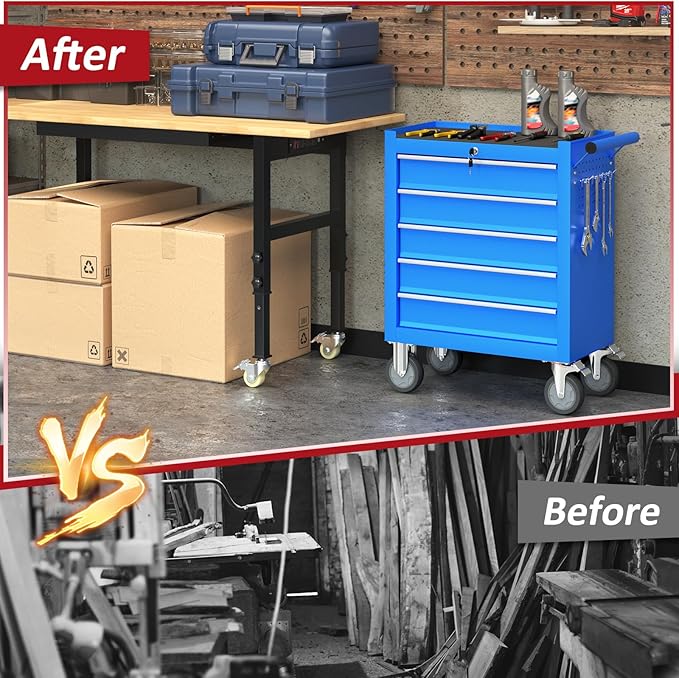 5-Drawers Rolling Tool Box with Wheel,Tool Chest with Wheels, Rolling Tool Box with Locking System, Tool Box with Organizer for Garage, Warehouse, Workshop (Blue, 5 Drawers)