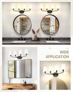 Emak 4-Light Bathroom Vanity Light, 29 Inch Black Bathroom Light Fixtures with Flared White Fabric Shade, Modern Farmhouse Wall Sconce for Bath, Hallway, Bedroom, VL132-BK-WF-4