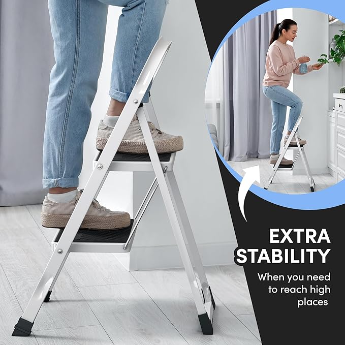 Lifetime Home 2-Step Ladder with Wide Anti-Slip Platform & Thick Rubber Feet - Lightweight Heavy Duty Foldable & Portable - 330 lbs Capacity, Steel Frame, Rubber Handgrip, Folding Step Stool - White