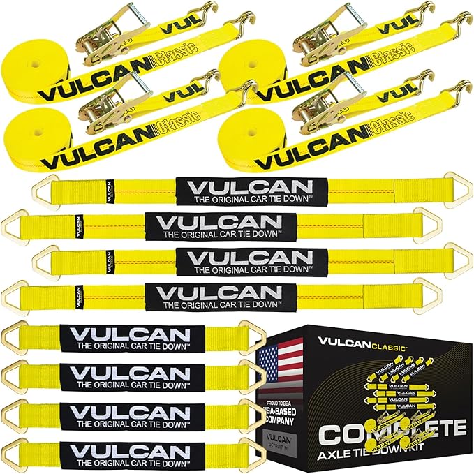 VULCAN Complete Axle Strap Tie Down Kit with Wire Hook Ratchet Straps - Classic Yellow - Includes (4) 22 Inch and (4) 36 Inch Axle Straps, and (4) 15' Wire J Hook Ratchet Straps
