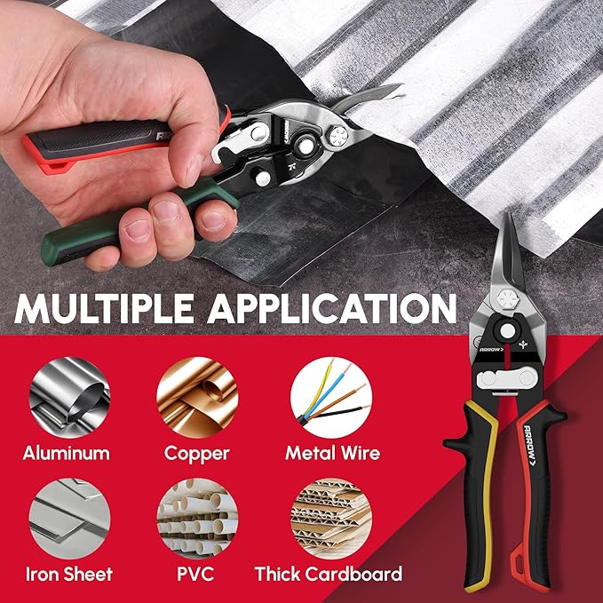 ARROW 3PCS 8-inch Tin Snips for Cutting Metal Sheet, CR-V Steel Aviation Snips, High Leverage Labor-saving Metal Cutter, Left Straight Right Cut