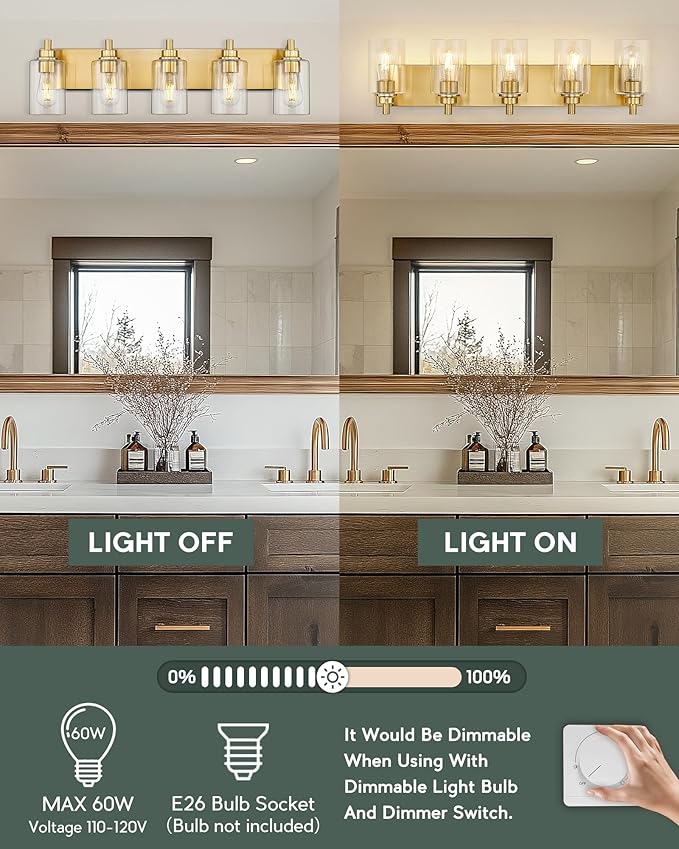 5-Light Bathroom Light Fixtures, 30 Inch Brushed Gold Vanity Light with Cylinder Clear Glass Shade, Modern Vanity Lighting Fixtures Over Mirror, VL143-BG-5