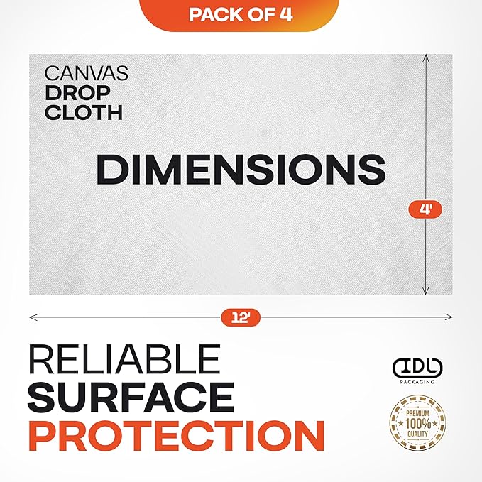 Canvas Drop Cloths 4' x 12', Pack of 4 - Reusable & Eco-Friendly Painters Drop Cloth for Furniture, Surfaces & Floor Protection - 100% Recycled Cotton Canvas Tarp for Home Renovation by IDL Packaging
