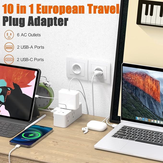 European Travel Plug Adapter, WRXDMC Universal Power Adapter for EU UK DE JP,6 AC Outlets, 4 USB Ports with 5ft Extension Cord, International Power Strip, Compact for Travel, Cruise Ship Must Have