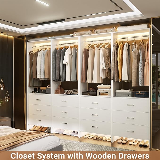 Aheaplus Closet System Closet Organizer, Wood Closets Organizer System, Walk-in Closet or Wardrobe, Clothes Rack with Hanging Rods, 8FT Closets, Set of 4, White