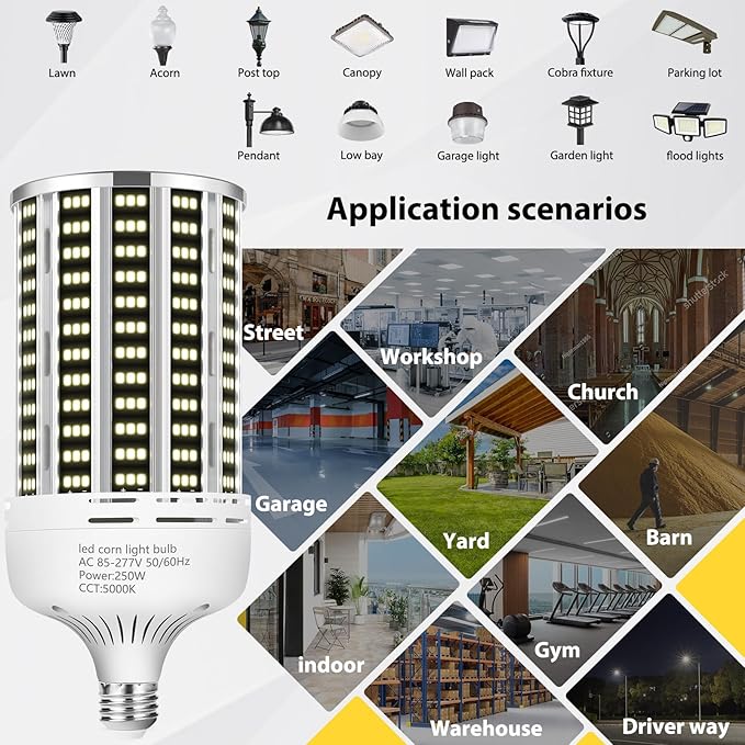 250W 2 pack LED Corn Light Bulb,(2500W Equivalent )Commercial Grade 36500LM DayLight 5000K E26/E39 Medium Mogul Base LED Lamp,Large Area Lights For Outdoor Indoor Garage Warehouse Factory Bay Light
