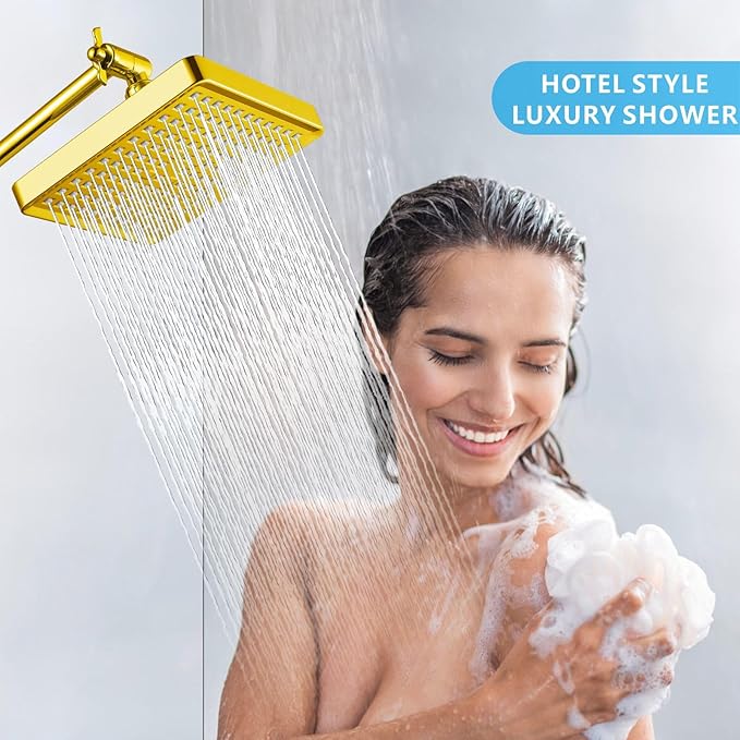 Voolan High Pressure Rain Shower Head - Luxury Modern Look - The Adjustable Replacement For Your Bathroom Showerhead - 6" Square High Flow Pressure Boosting Showers (Gold)