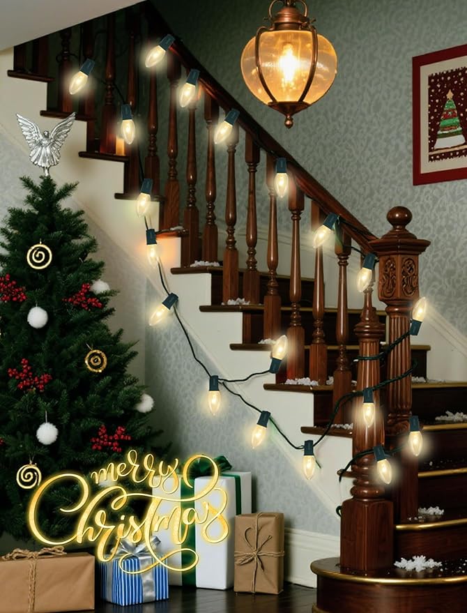 50 Pack C9 Christmas Replacement Bulbs, 7W Clear Incandescent Bulbs for Outdoor String Lights, Clear Night Light Bulbs for Porch, Patio, Garden, Wedding Decor, Warm White, E17 Intermediate Base