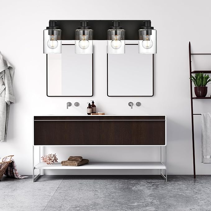 4 Light Bathroom Vanity Lights, Bathroom Lighting Fixtures over Mirror with Clear Glass Shades, Black Vanity Light For Bathoom, Modern Wall Sconces Vanity Lighting Fixture for Bathroom Hallway