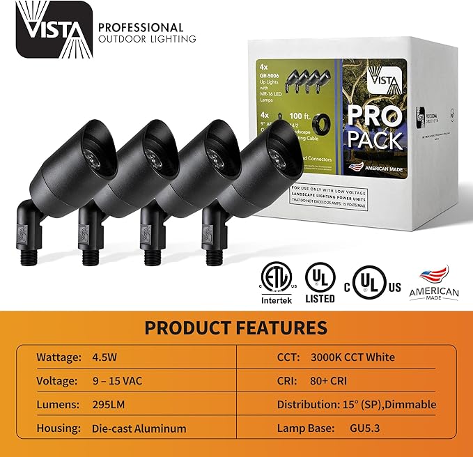 VISTA 4 Pack Cast Aluminum Landscape Spotlights, Low Voltage Landscape Lighting Spot Lights Outdoor with 4.5W MR16 LED Bulb for Yard, Garden, Lawn, Tree