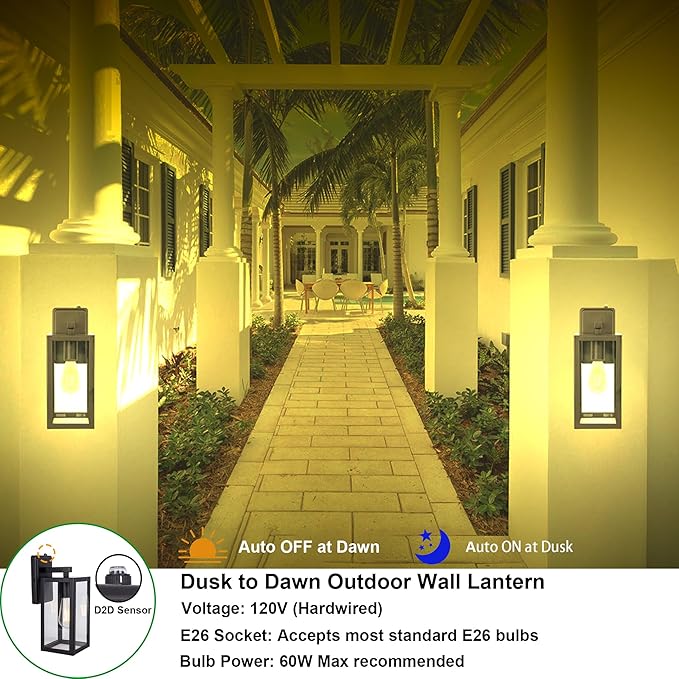 LIT-PaTH Dusk to Dawn Outdoor Wall Lantern, Wall Sconce as Porch Lighting Fixture, E26 Medium Base Max 60W, Anti-Rust Metal with Glass Shade, Black, 1-Pack