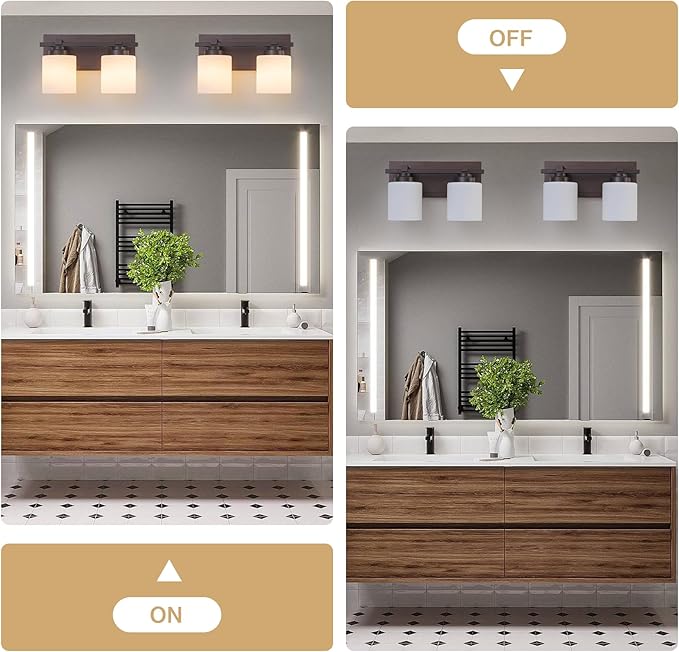 2 Light Modern Bathroom Light Fixtures Over Mirror, Bronze Finish Vanity Lights for Bathroom Wall Sconces with Milky White Glass Shades, E26 Socket (Bulbs Not Included)