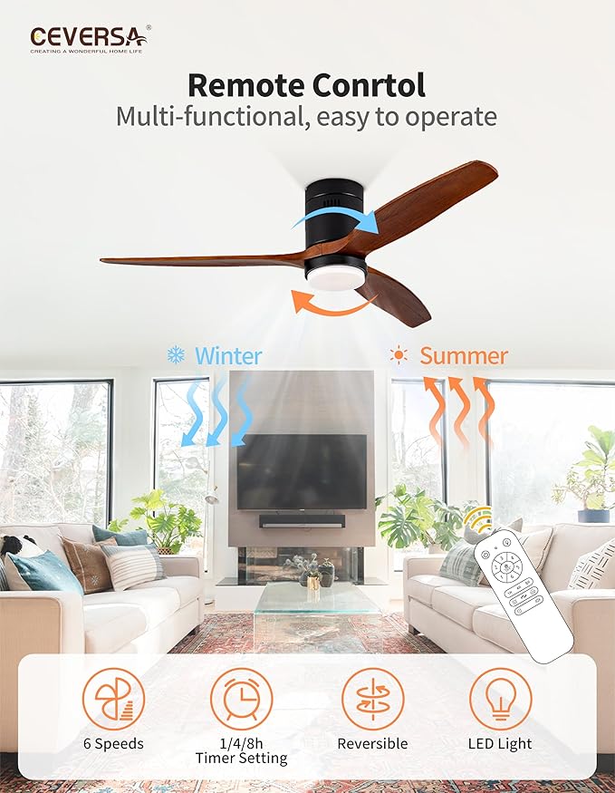 52 Inch Low Profile Ceiling Fans with Lights and Remote Control, Flush Mount Ceiling Fan with Lights, 3 Blades Solid Wood Hugger Easy Installation for Living Room, Bedroom, Farmhouse, Indoor