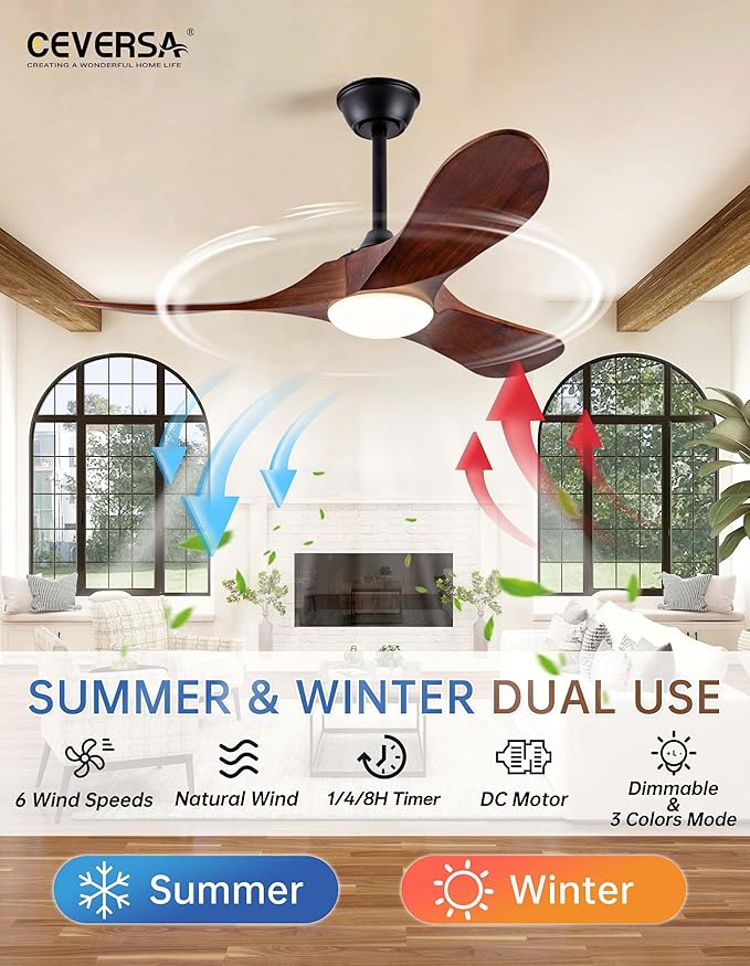 42 Inch Ceiling Fans with Lights and Remote, 3 Blades Outdoor Wood Propeller Ceiling Fans, Dimmable Quiet Noiseless DC Motor for Farmhouse, Living Room, Bedroom, Indoor, Walnut