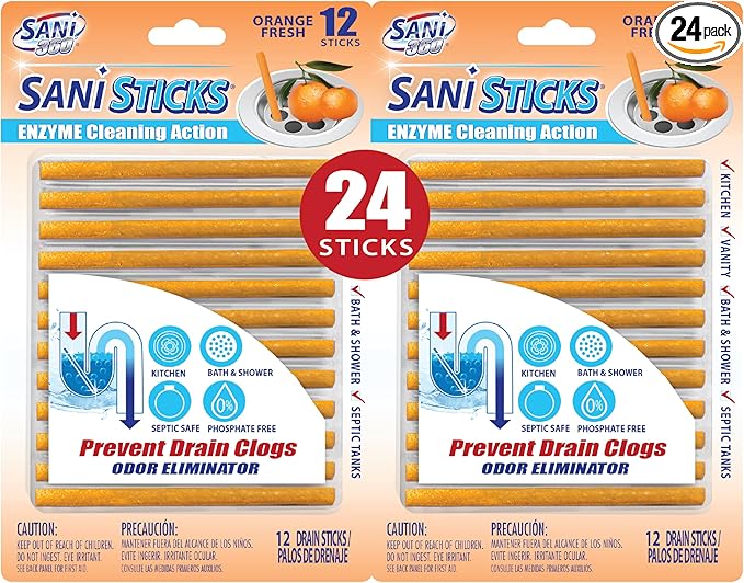 SANI 360° Sani Sticks Drain Cleaner and Deodorizer, 24 Count, Orange Scent Enzyme Pipe Cleaners, Eliminate Odors, Prevent Clogged Drains, Safe for Sinks, Bathtub Drains, Septic Tanks
