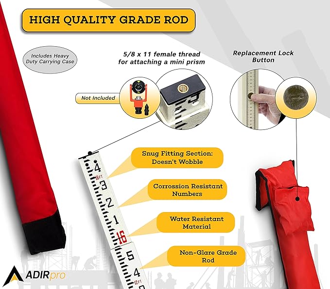AdirPro 16-Foot Fiberglass Grade Rod – 10ths, 4-Section Telescoping Rectangular Leveling Rod – Non Glare and Corrosion Resistant – Heavy Duty Carrying Case Included