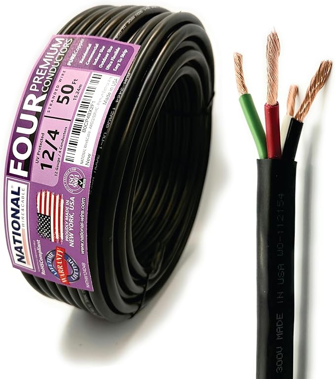 NATIONAL Wire & Cable – 12 AWG 4-Conductor Premium Copper Wire, 50 ft, Stranded | Made in USA, Heavy-Duty Flexible Jacket | Automotive, Solar, Home, RV, Indoor and Outdoor Use