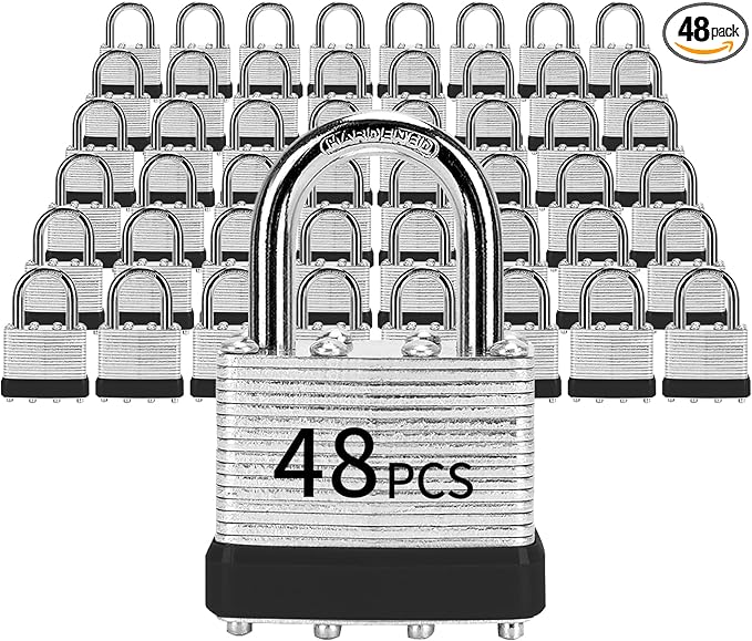 Padlocks with Same Key, LQYN 48 Pcs Laminated Keyed Padlock (1-9/16", 40mm), Keyed Alike Locks, Normal Shackle, for Storage Locker, Hasp Latch, Toolbox, Sheds
