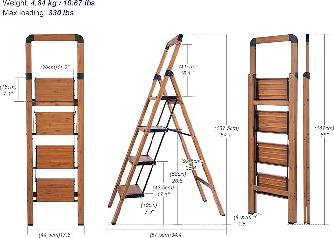 Step Ladders Folding 4-Step Woodgrain Finish Aluminum Foldable Step Stool,Anti-Slip Portable Sturdy for Home & Kitchen Office 330 lbs