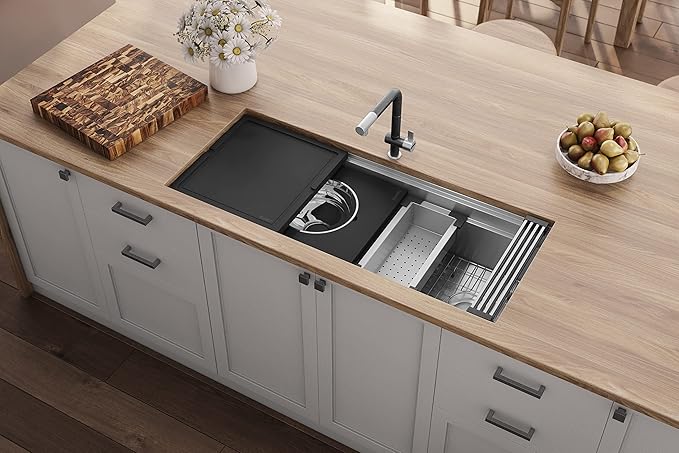 Ruvati 45-inch Two-Tiered Ledge Workstation Kitchen Sink - Undermount Kitchen Sink - 16 Gauge Stainless Steel Kitchen Sink with Brushed Finish hides scratches - RVH8335