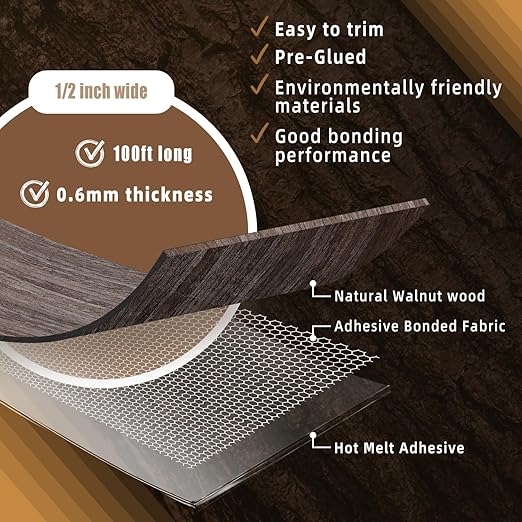 GSCIT Club Walnut Edge Banding, 1/2 inch x 100ft roll of Veneer Edge Banding - Pre-glued Flexible, Real Wood Tape for Cabinet Repair and Furniture Restoration