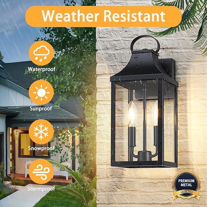 15" Dusk to Dawn Black Outdoor Wall Lantern, Outside Modern Wall Sconce Light Fixture, Porch Light Wall Mount with E12 Socket and Glass, Waterproof Exterior Lamp Lighting for Patio Garage, 1Pack