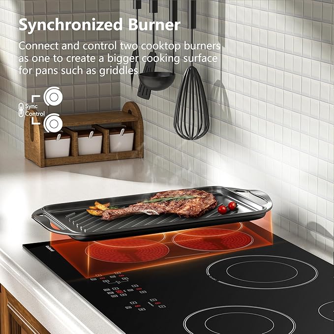 36 Inch Electric Cooktop 5 Burners, ETL & FCC Certificated, Sync Burner, Quick Boil, Keep Warm Setting, 9 Heating Level, Timer, Child Lock & Auto Shutdown, 9000W, Drop-in Electric Stove Top