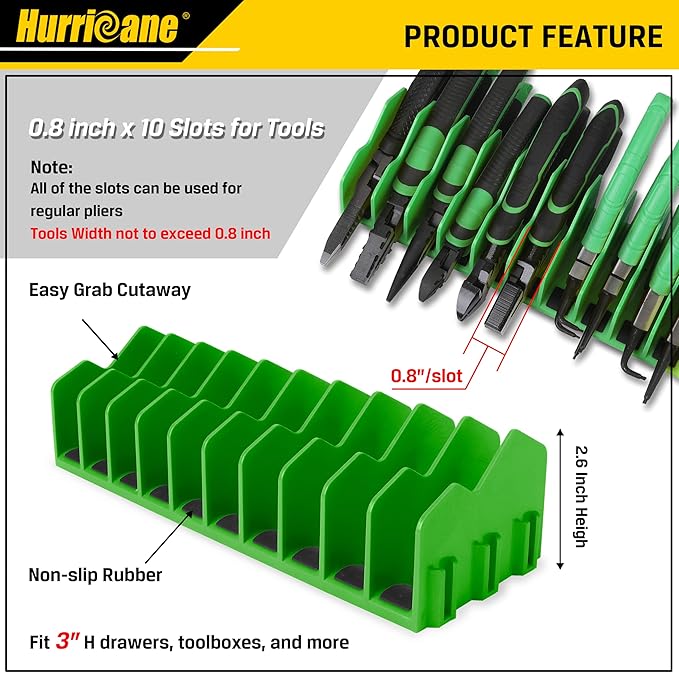 HURRICANE Plier Organizer Rack, 10-Slot Pliers Rack with Non-Slip Rubber Base, Tool Organizer, Tool Drawer Toolbox Storage, Green, Extendable Design, Fit 3” H, 1 Pack