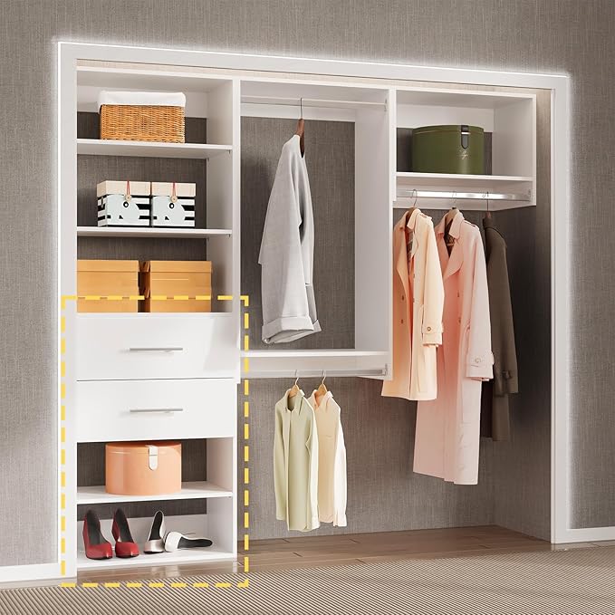 2 Drawer Short Tower Closet Unit, Modular Closet System, Wood Closet System Organizer with Storage for Walk In Closets, Clothing Rack Closet for Hanging Clothes, Bedroom, White, 25.5"W