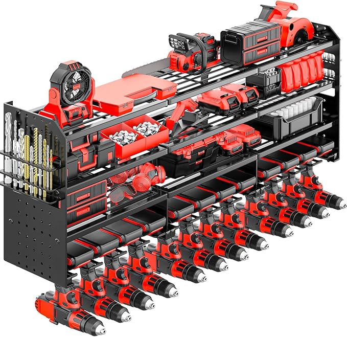Large Power Tool Organizer Wall Mount-12 Drill Holder, Metal Heavy Duty Garage Tool Storage Shelves with Screwdriver Plier Holder, Gifts Idea for Men Dad Husband