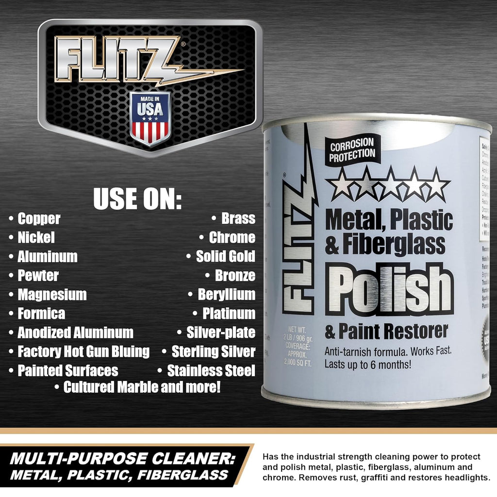 Flitz Multi-Purpose Metal Polish Paste - 2lb Can of USA-Made Chrome Polish - Works on Stainless Steel, Aluminum, Plastic, Jewelry and Cars - Non-Abrasive Cleaner & Rust Remover (1 Pack)