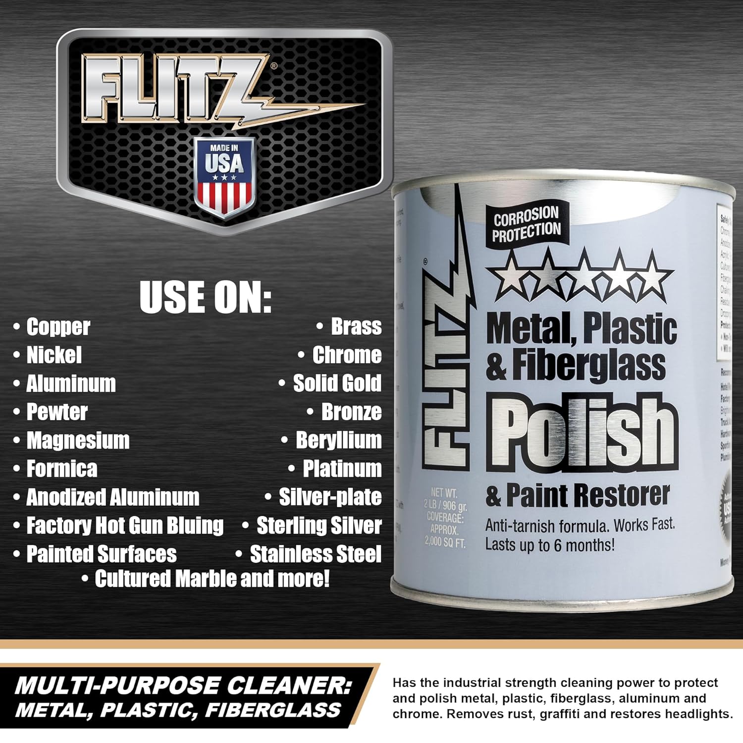 Flitz Multi-Purpose Metal Polish Paste - 2lb Can of USA-Made Chrome Polish - Works on Stainless Steel, Aluminum, Plastic, Jewelry and Cars - Non-Abrasive Cleaner & Rust Remover (1 Pack)