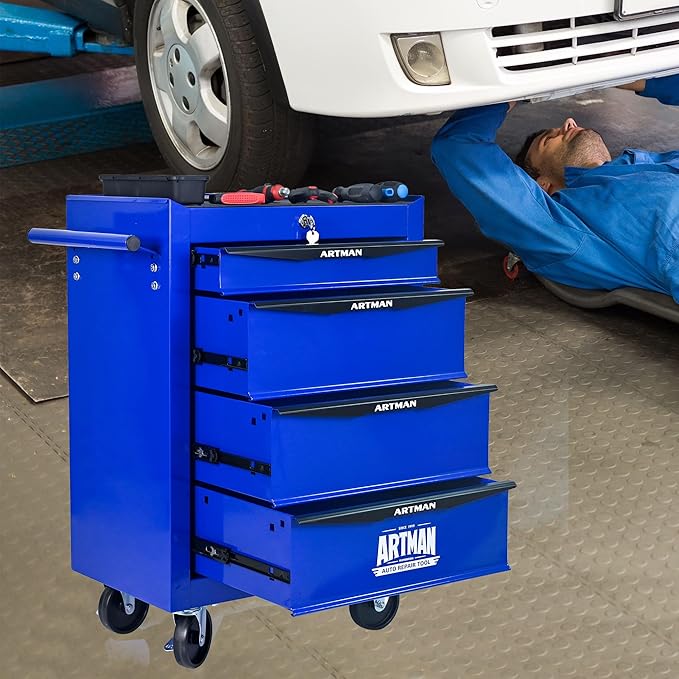 4 Drawers Rolling Tool Box on Wheels, Multifunctional Tool Chest Cabinet with Lock, Drawers Rolling Tool Cart Trolley Organizer Tool Storage Case for Warehouse,Garage,Workshop (Blue)