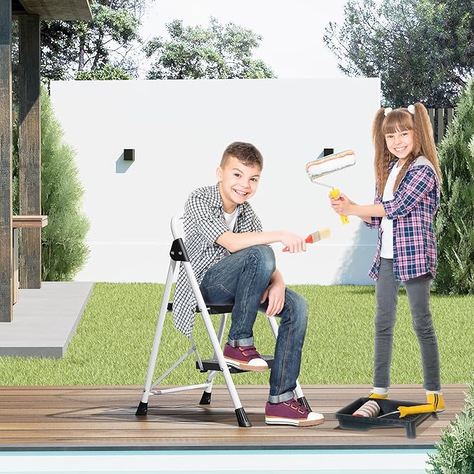 KINGRACK 2 Step Folding Ladder, 800lbs Capacity Step Stool with Safety Lock, Non-Skid Wide Pedals, and Handrail, Lightweight, Household Ladder for Home, Kitchen, Pantry, Closets, and Office Use, White