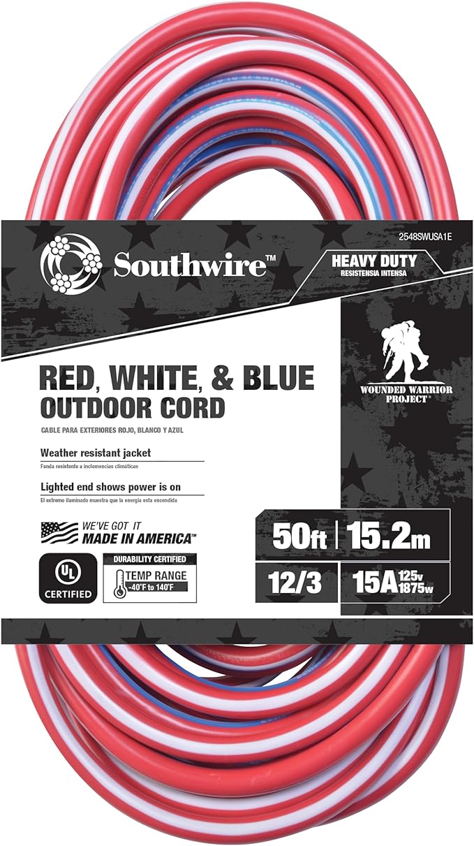 Southwire Heavy Duty Extension Cord, 50Ft, 12 Gauge, 3 Conductor, Outdoor Cord, Lighted End, SJTW, Red/White/Blue, 2548SWUSA1