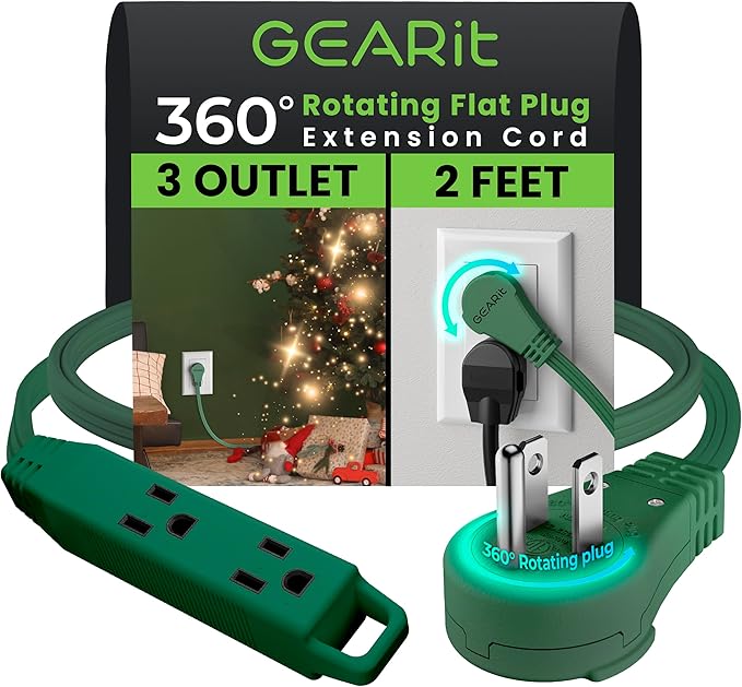 GEARit 360 Rotating Flat Plug Short Extension Cord with 3 Outlets (2ft, Green) 16AWG/13A 3 Prong Wire, Outlet Saver for Home Office Dorm Room Essentials, ETL Certified
