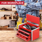 P.I.T. Mini Red Tool Box, Portable 3 Drawer Steel Stackable Tool Box with Magnetic Tab Locking, Red Micro Top Chest with Liner for Tools Storage and Organizers, Home DIY
