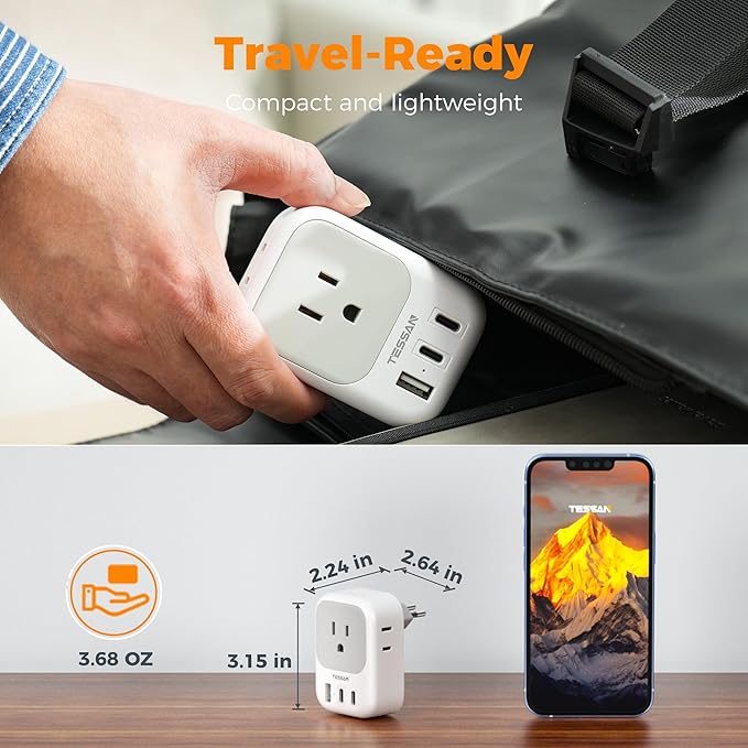 TESSAN Brazil Power Adapter, 7 in 1 US to Brazil Adapter Plug with 3 USB Ports (2 USB C) 4 American Outlets, Type N Travel Adaptor for USA to Brazilian Brasil