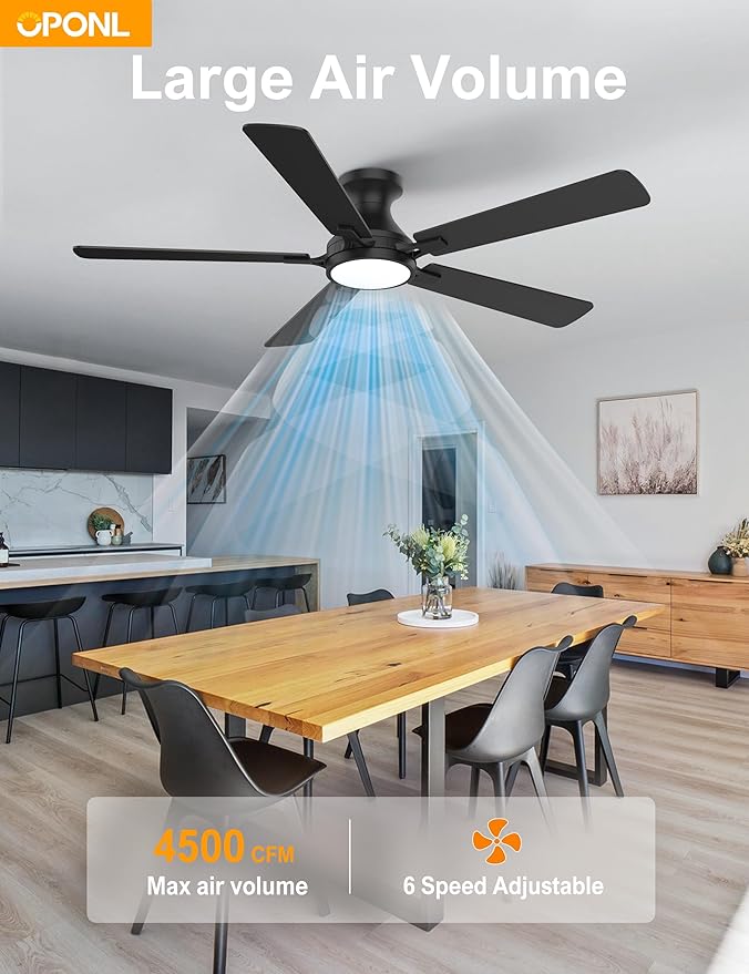 52 Inch Black Ceiling Fan with Light with Remote Control, Large Air Volume, modern ceiling fan with light for Bedroom Kitchen Dining room Patio- Flush Mount