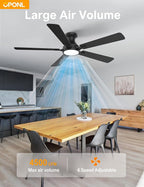 52 Inch Black Ceiling Fan with Light with Remote Control, Large Air Volume, modern ceiling fan with light for Bedroom Kitchen Dining room Patio- Flush Mount