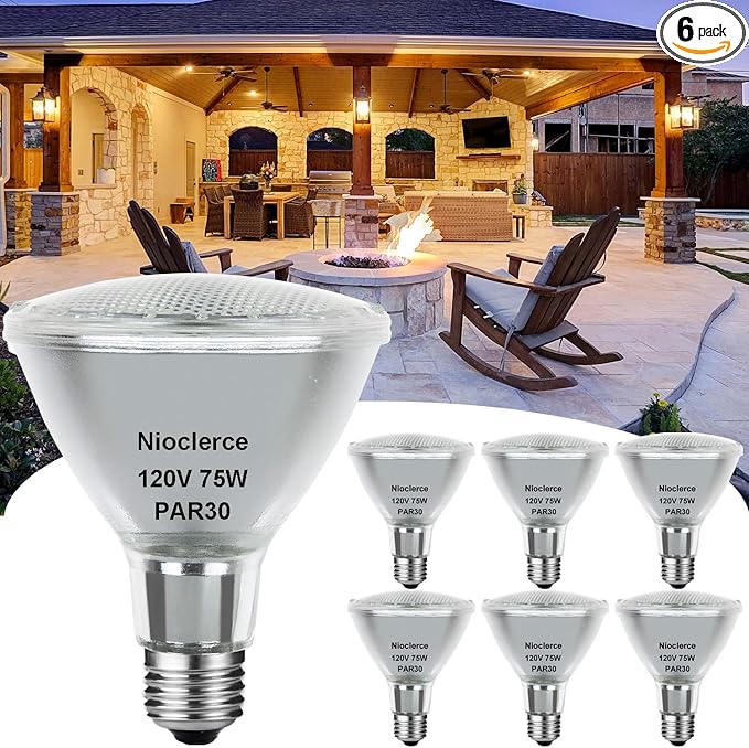 Halogen PAR30 Long Neck 75W 120V 800LM, 6 Pack High Output Halogen PAR30 Dimmable 2800K Warm White with E26 Base, Long Lifespan Long Neck Flood Light Bulb with CRI100 for Recessed Lighting