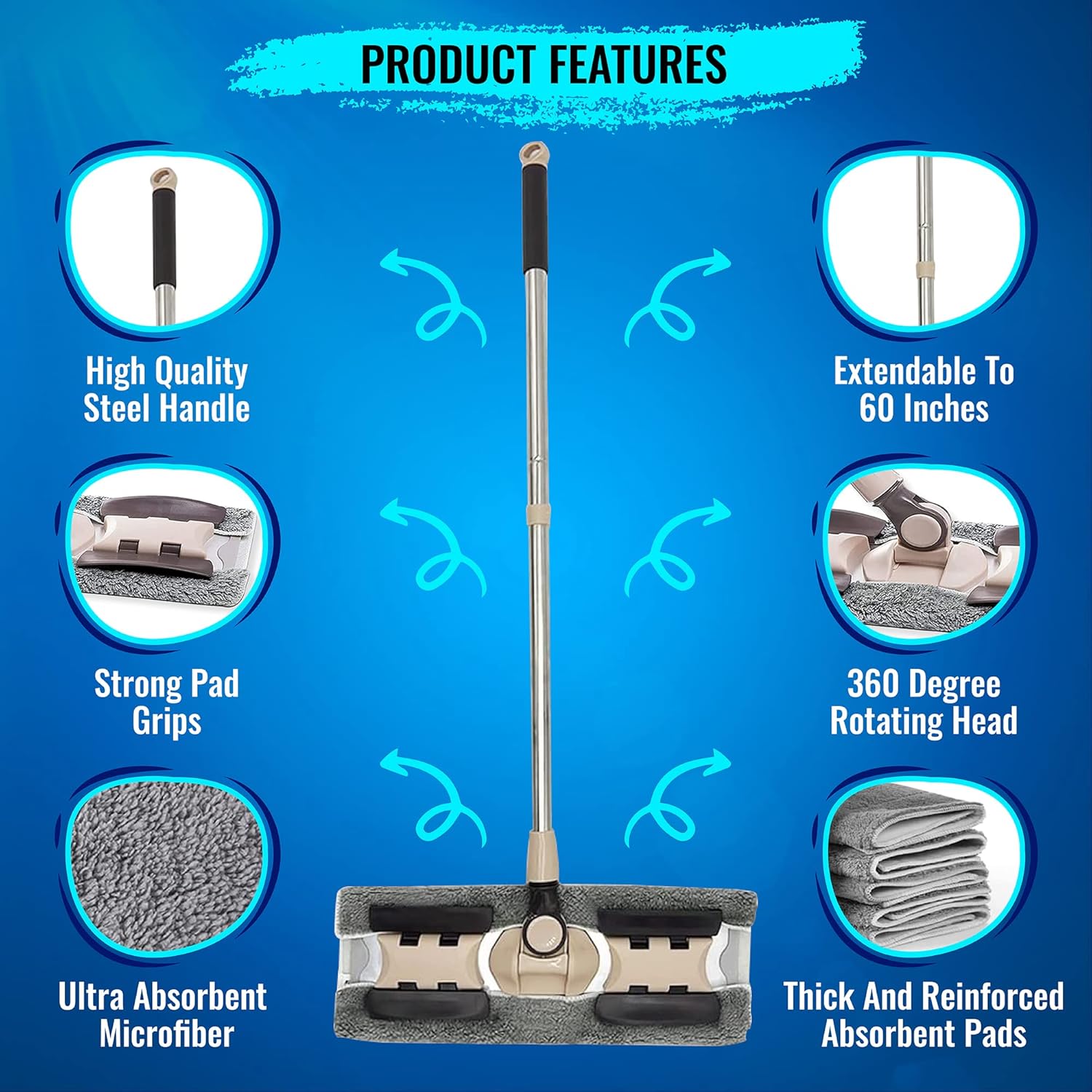 MAYSHINE Microfiber Hardwood Floor Wet and Dry Dust Mop w/ 5 Reusable Pads, 360 Spin Mop System | Use on Wood, Tile, Laminate, Vinyl and More | Flat Mop with 60" Extendable Stainless Steel Handle