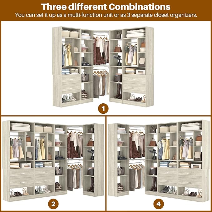Large Corner Closet System with 3 Sets, 87.2" Closet Organizer System with 4 Drawers & 4 Hanging Rods, Reversible L Shaped Walk-in Closets, Load 2000+LBS, White Oak (87.2" L x 39.2" W x 80" H)
