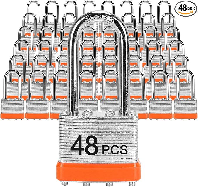 Padlocks with Same Key, LQYN 48 Pcs Laminated Keyed Padlock (1-9/16", 40mm),Keyed Alike Locks,Long Shackle,for Storage Locker,Hasp Latch,Toolbox,Sheds