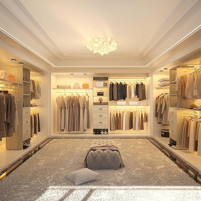 Armocity 120 Inches Closet System, 10FT Walk In Closet Organizer with 3 Shelving Towers, Heavy Duty Clothes Rack with 3 Drawers, Built-In Garment Rack, 120" L x 16" W x 75" H, Load 1300 LBS, White Oak